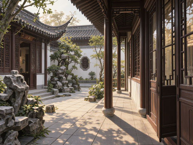 新中式庭院设计，走廊通道与智能家居集成，打造智慧雅居