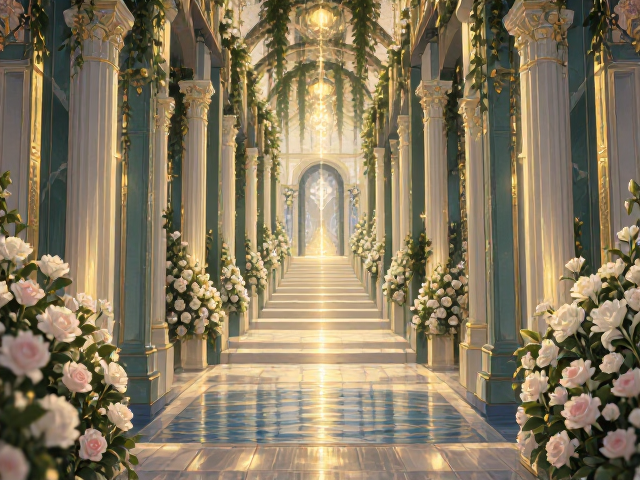 婚礼庆典入口设计，走廊通道结合水景，打造梦幻迎宾氛围