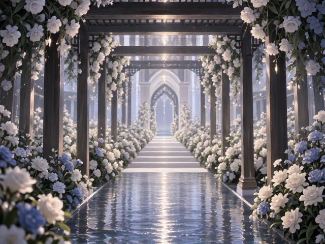 婚礼庆典入口设计，走廊通道结合水景，打造梦幻迎宾氛围