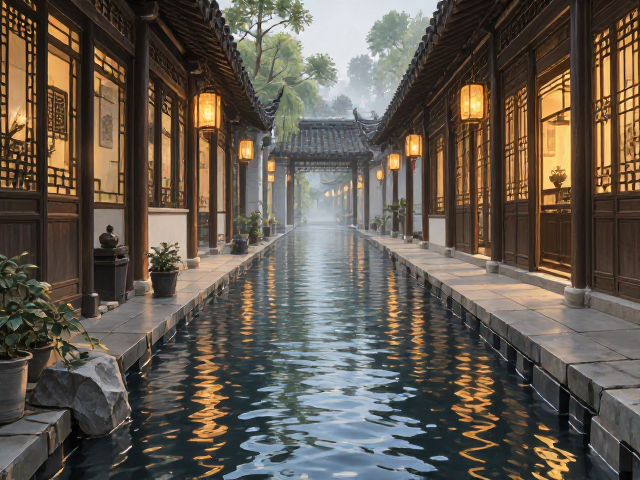 新中式走廊设计，结合水景布局，打造流动诗意空间