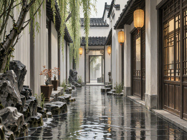 新中式走廊设计，结合水景布局，打造流动诗意空间