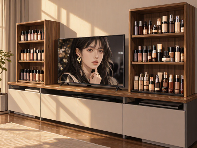 客厅化妆品展示架与电视柜组合设计，打造高颜值收纳空间