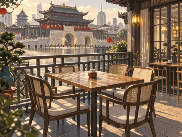 文化中心旁的阳台休闲区，打造家用餐厅餐椅的理想摆放场景