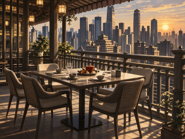 文化中心旁的阳台休闲区，打造家用餐厅餐椅的理想摆放场景
