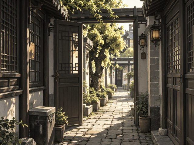 四季景观变换下的狭窄侧院门，走廊通道的极致美学