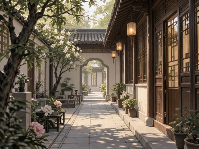 新中式庭院走廊通道设计，兼顾无障碍通行与美学，打造舒适居家动线