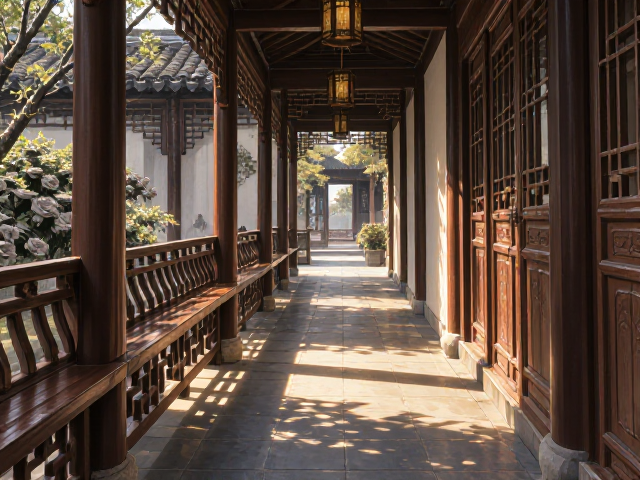 新中式庭院走廊通道设计，兼顾无障碍通行与美学，打造舒适居家动线