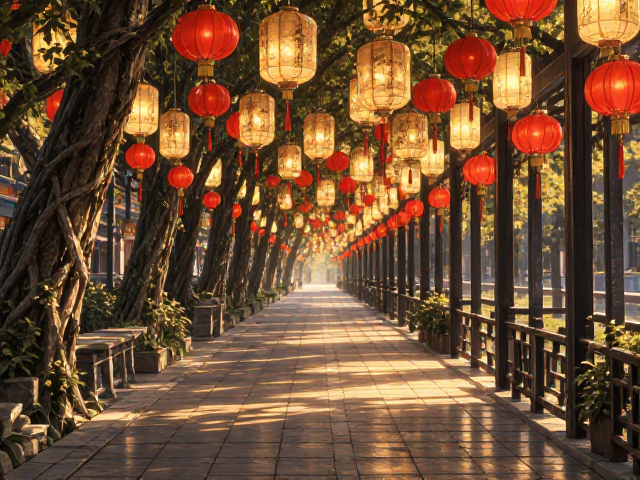四季景观变换下的走廊通道，节日装饰挂载打造极致氛围感