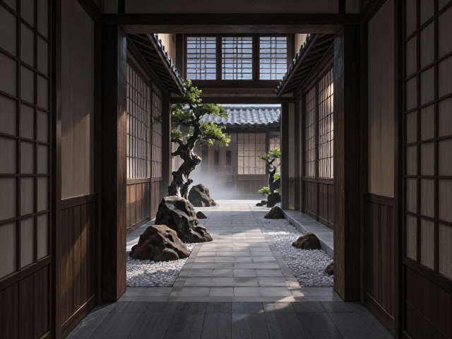 日式枯山水点缀地下室入口走廊通道,打造极致幽静美学空间