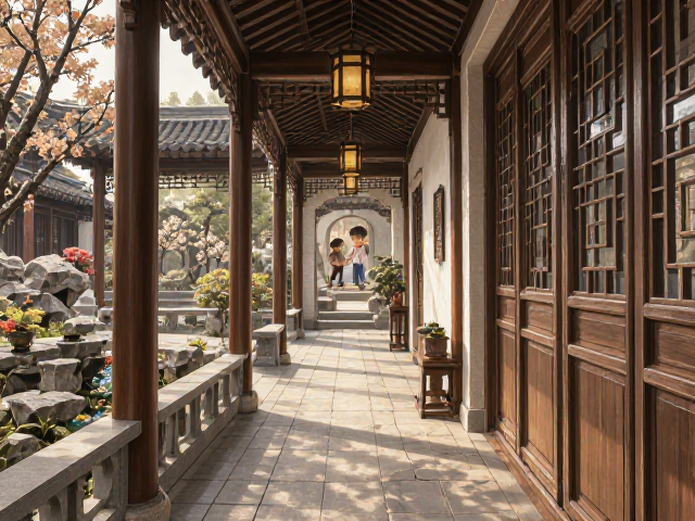 新中式庭院走廊设计，兼顾老人小孩安全的居家美学