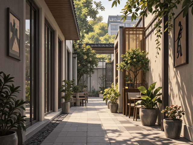 四季景观变换下的走廊与封闭式后院休闲区设计灵感