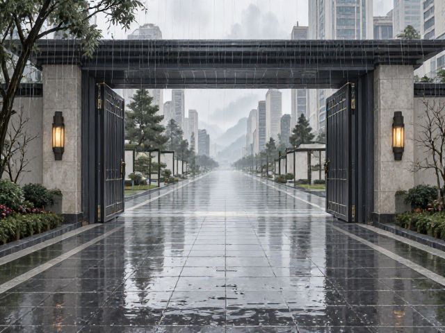 雨天不溅水！宽敞景观大门搭配走廊通道排水设计指南