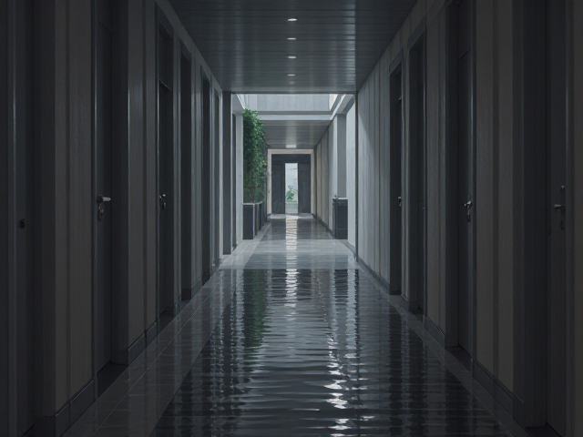 走廊通道结合水景布局,打造低频备用通道的静谧美学