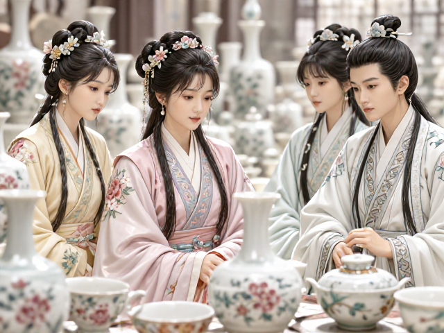 仿古白瓷构件粉彩柔和，成套保存价值更高
