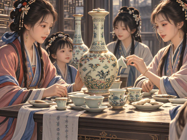 仿古白瓷构件粉彩柔和，成套保存价值更高