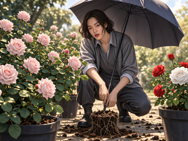 月季假植后放遮阳伞旁养护，避开强光更易爆花