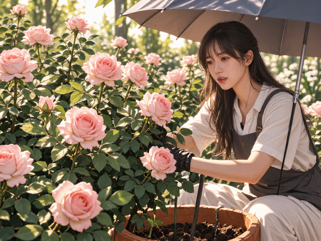 月季假植后放遮阳伞旁养护，避开强光更易爆花