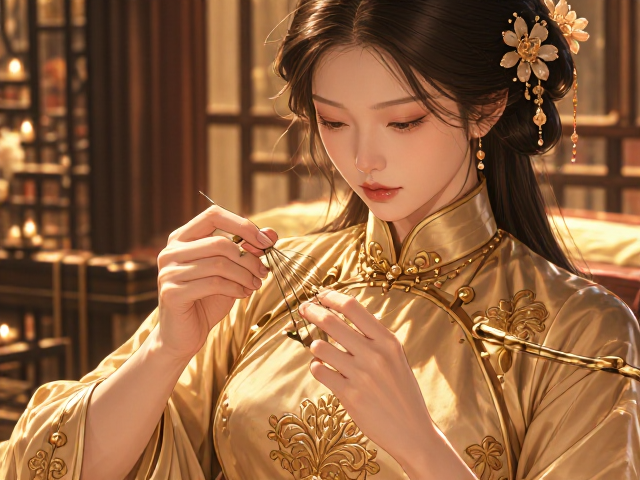 盛金绣旗袍刺绣钉线针脚练习，传承吉祥祈福寓意