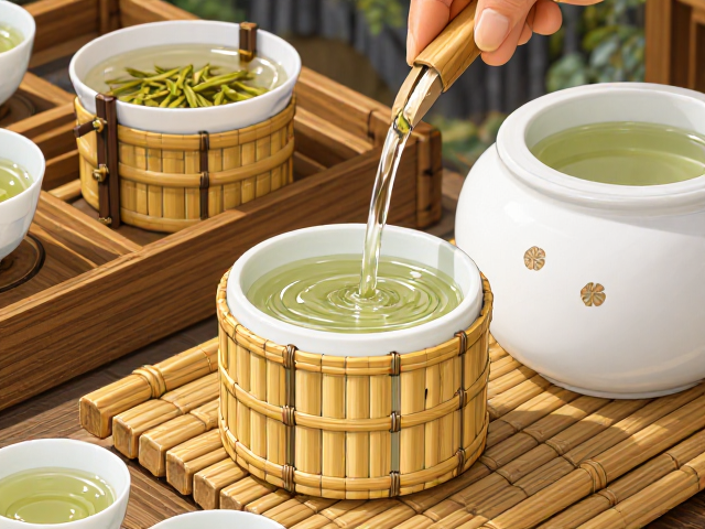 竹丝扣瓷茶筒与竹木茶道六君子,绿茶冲泡的东方美学之选
