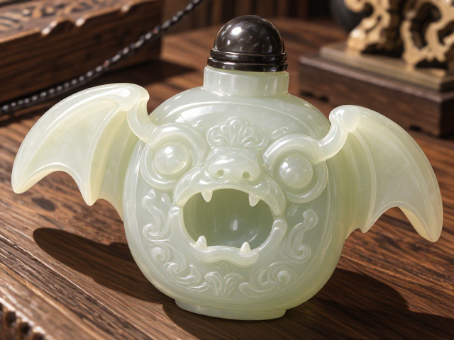 玉蝙蝠灵芝鼻烟壶,玉料品质卓越,掏膛匀净尽显吉祥韵味