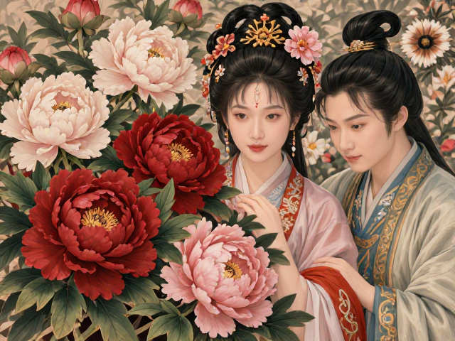 富贵牡丹配花鸟人物，寓意吉祥富贵，家居装饰首选