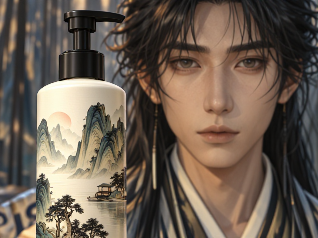 按压泵头设计搭配传统山水纹样包装,尽显东方意境之美