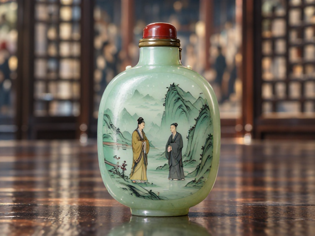 青玉鼻烟壶,荷包式扁腹山水人物画,文玩雅器鉴赏
