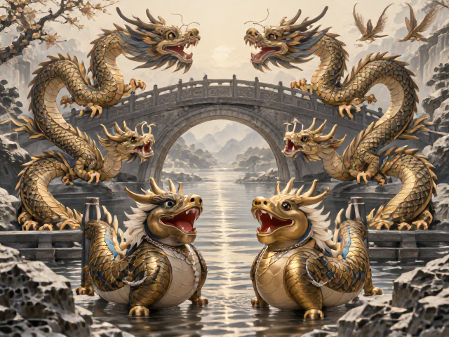 龙凤纹配刘海戏金蟾,小桥流水间的传统吉祥寓意解析