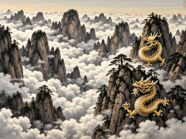 名家龙凤纹黄山云海图,收藏级艺术臻品,尽显东方美学神韵