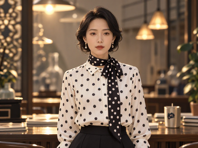 职场女性穿搭，波点衬衫配细长巾，优雅干练显气质