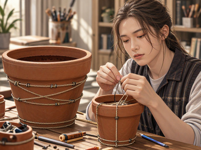 赤陶花盆配麻绳,精细作业DIY,打造高颜值家居氛围感