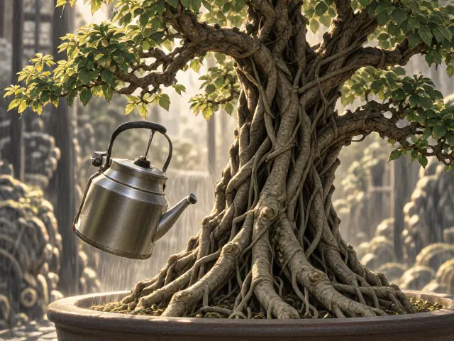 榕树盆景老桩珍贵，喷壶养护有讲究