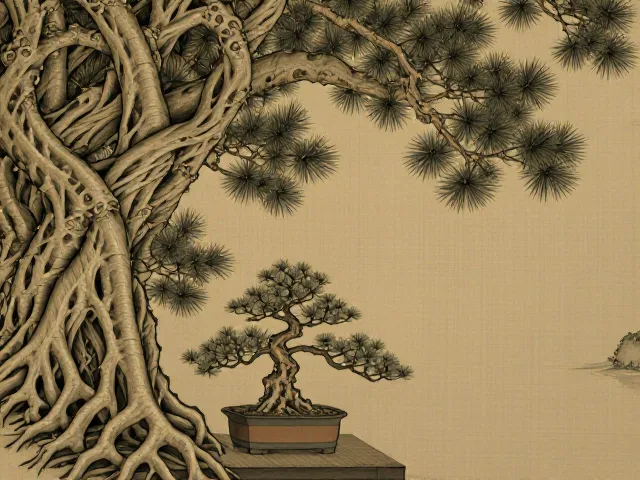 宋代画院风骨,榕树与松柏盆景的意境营造