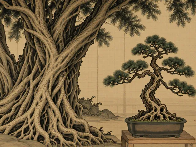 宋代画院风骨,榕树与松柏盆景的意境营造