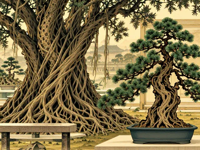 宋代画院风骨,榕树与松柏盆景的意境营造