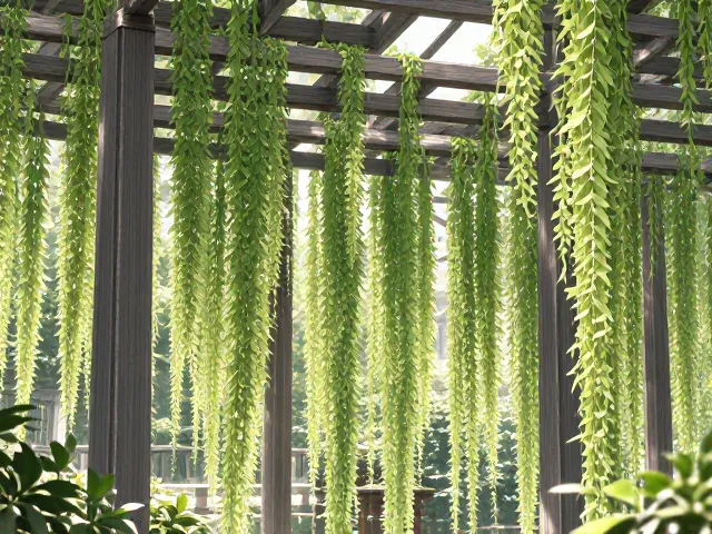 庭院凉棚种珍珠吊兰,选垂坠感好的,打造立体瀑布景观