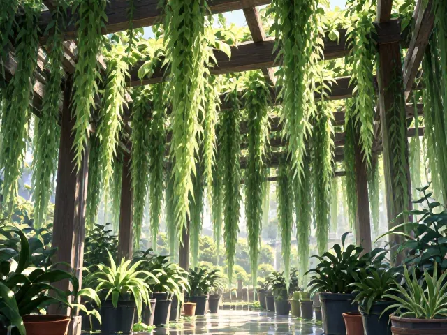 庭院凉棚种珍珠吊兰,选垂坠感好的,打造立体瀑布景观