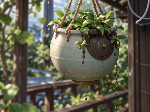 日式侘寂风陶瓷吊篮,阳台绿植装饰与养护指南