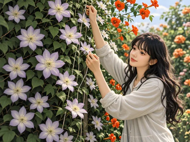 铁线莲牵引固定技巧，搭配凌霄花打造垂直花园，省力又美观