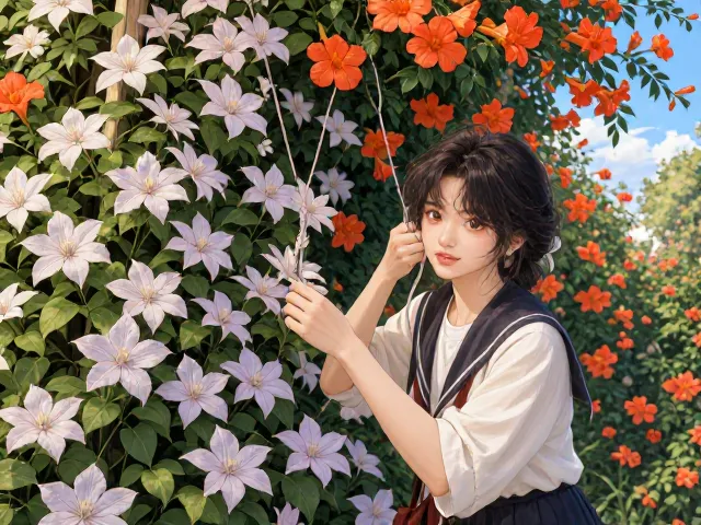 铁线莲牵引固定技巧，搭配凌霄花打造垂直花园，省力又美观