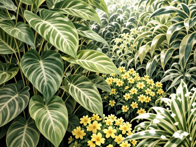 合果芋椭圆形叶配小型观花植物混植，打造高颜值室内绿植景观