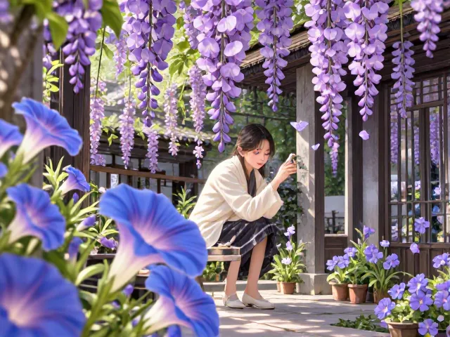 牵牛花与紫藤搭配,打造唯美庭院,轻松美化环境