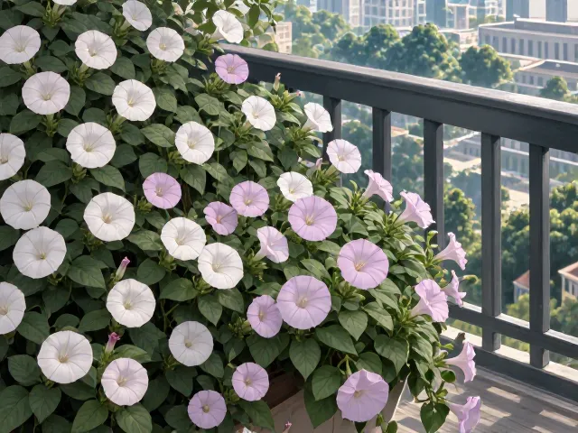 阳台立体绿化种牵牛花,不仅美化空间,更能有效减少噪音干扰