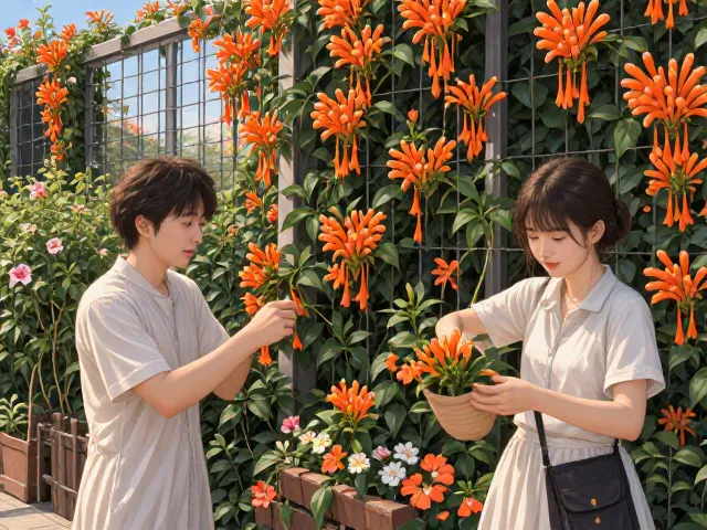 牵牛花炮仗花爬铁丝网,3招打造爆美垂直花园