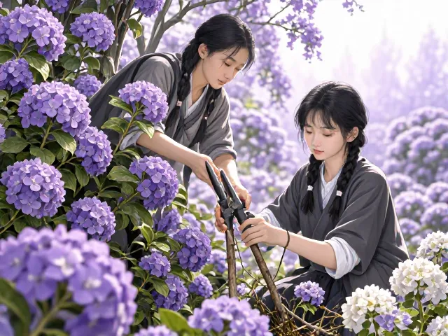 绣球花修剪技巧，去除枯枝后搭配紫薇，花开爆盆更美观