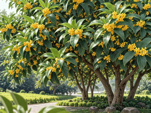 桂花树四季常青景观,兼具降噪除尘功能的生态绿植优选