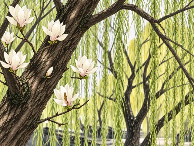 玉兰花与柳树,树皮特征揭秘,读懂离别与柔情