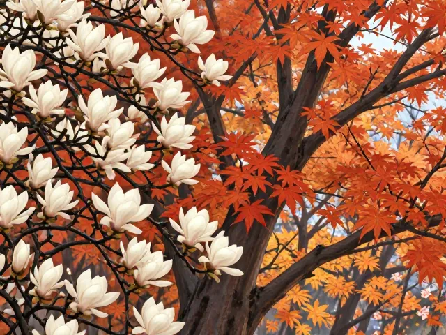 玉兰花与枫树,观花乔木的思乡与秋思之美