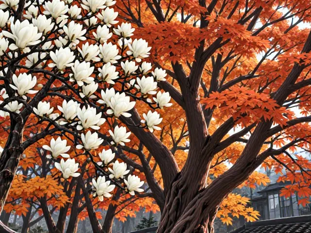 玉兰花与枫树,观花乔木的思乡与秋思之美