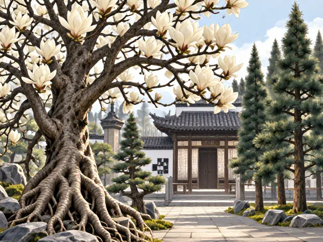 玉兰花根系发达,松柏高洁,打造高洁庭院的种植秘诀